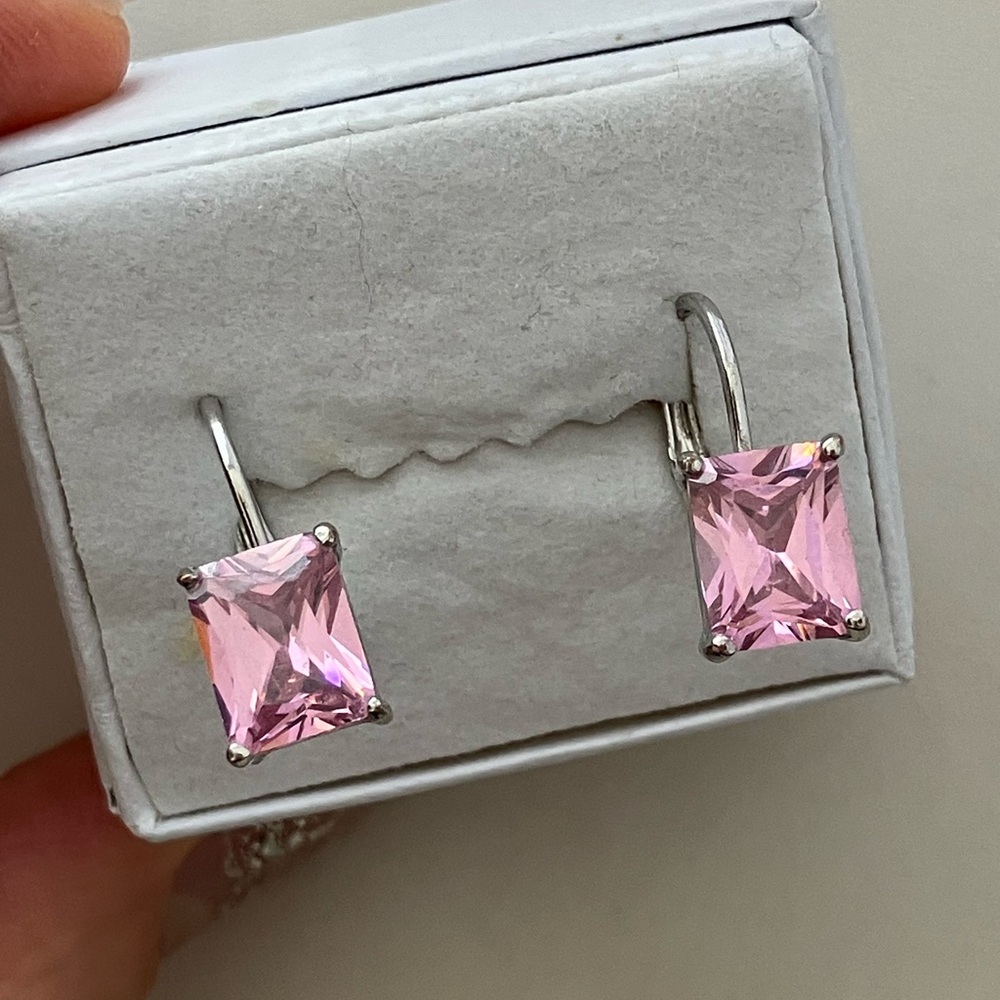 Silver tone Pink Crystal Rectangle Drop Earrings